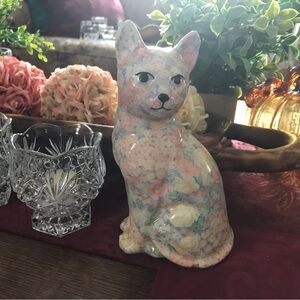 Vintage Floral Decoupage Look Ceramic Glazed Regal Looking Cat